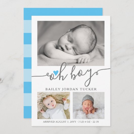 Oh Boy Script Sky Blue Heart Foto Collage Birth Ankündigung (Vorne/Hinten)