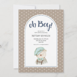 Oh Boy Tan Polka Dot Teddy Bear Baby Shower Einladung