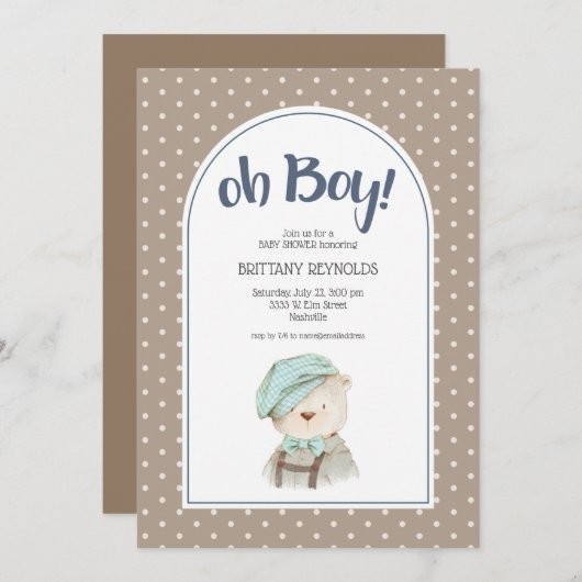 Oh Boy Tan Polka Dot Teddy Bear Baby Shower Einladung (Vorne/Hinten)