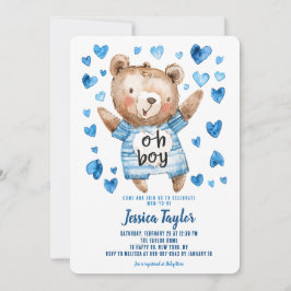 Oh Boy Teddy Bear Blue Hearts Boy Baby Dusche Einladung