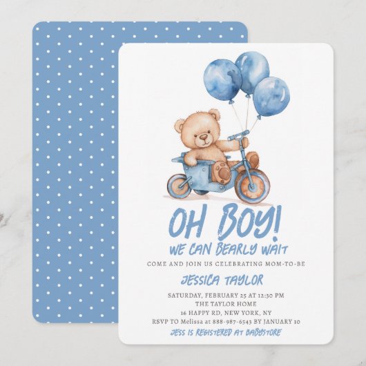 Oh, Boy Teddy Bear Boy Blue Bearly Wait Baby Dusch Einladung (Vorne/Hinten)