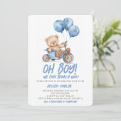 Oh Boy Teddy Bear Boy Blue Bearly Wait Baby Shower Einladung (Stehend Vorderseite)
