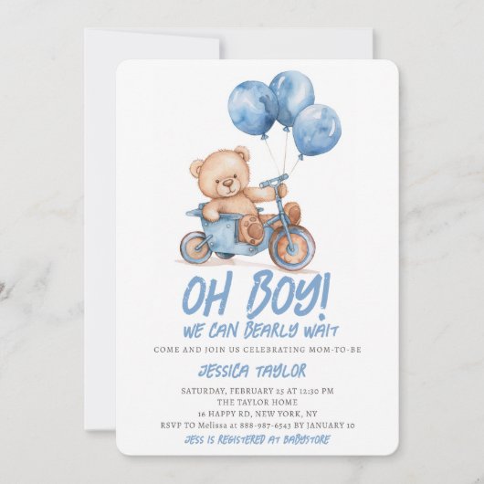 Oh Boy Teddy Bear Boy Blue Bearly Wait Baby Shower Einladung (Vorderseite)