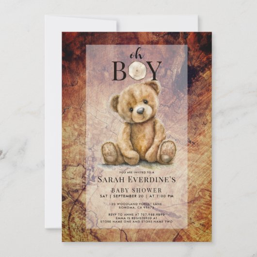 Oh Boy Teddy Bear Rustic Wood Grain Baby Dusche Einladung (Vorderseite)