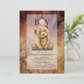 Oh Boy Teddy Bear Rustic Wood Grain Baby Dusche Einladung (Stehend Vorderseite)