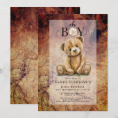 Oh Boy Teddy Bear Rustic Wood Grain Baby Dusche Einladung (Vorne/Hinten)