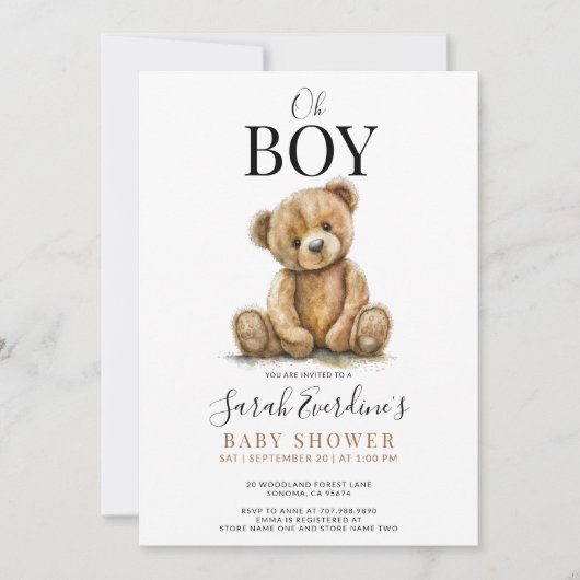 Oh Boy Teddy Bear Watercolor Babydusche Einladung (Vorderseite)