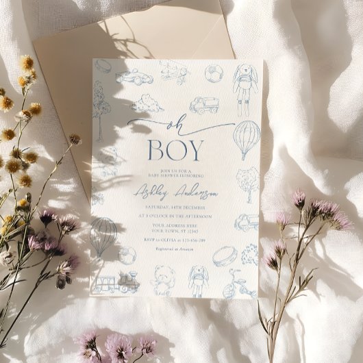 Oh Boy Toile De Jouy Blue Baby Dusche Einladung