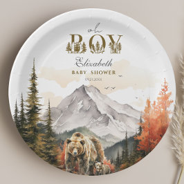 Oh Boy Watercolor Autumn Bear Mountain Babydusche Pappteller