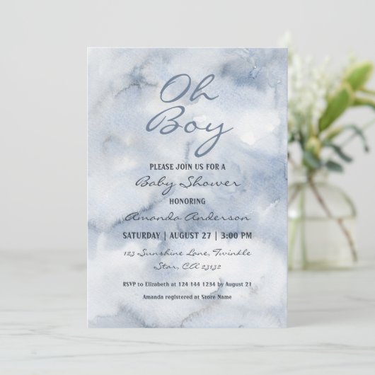 Oh Boy Watercolor Dusty Blue Boys Einladung (Stehend Vorderseite)
