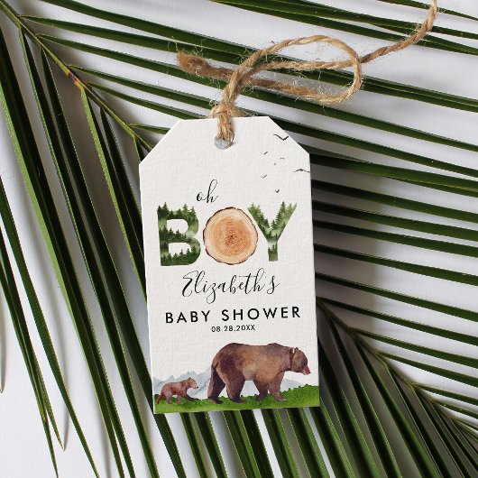 Oh Boy Watercolor Woodland Bear Baby Dusche Geschenkanhänger