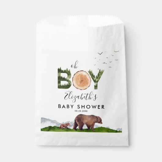Oh Boy Watercolor Woodland Bear Baby Dusche Geschenktütchen (Vorderseite)