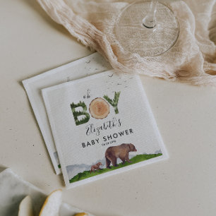 Oh Boy Watercolor Woodland Bear Baby Dusche Serviette