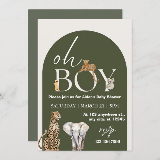 Oh Boy Wild One Animals Boy Baby Shower Einladung (Vorne/Hinten)