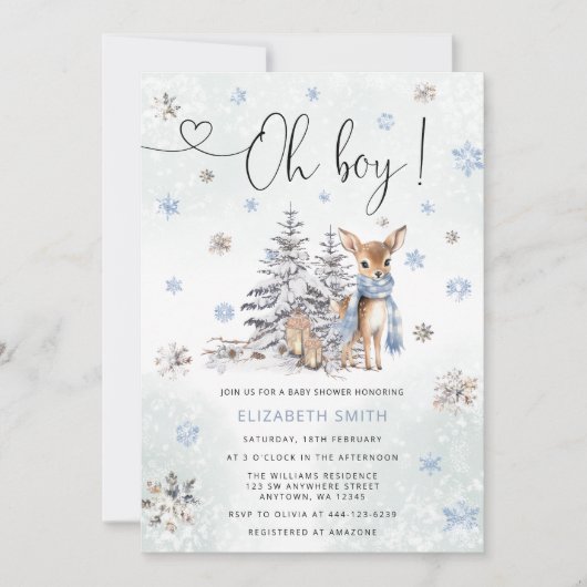Oh Boy Winter Deer Baby Dusche Einladung (Vorderseite)