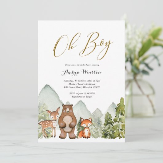 Oh Boy Woodland Animal Baby Shower Einladung (Stehend Vorderseite)