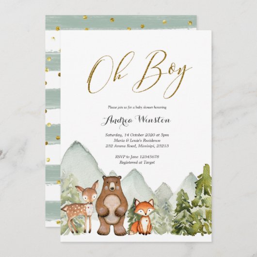Oh Boy Woodland Animal Baby Shower Einladung (Vorne/Hinten)