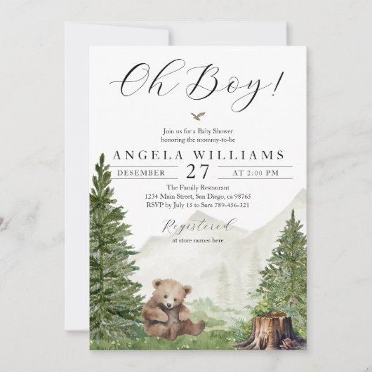Oh Boy Woodland Bear Baby Dusche Einladung (Vorderseite)