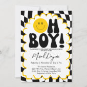 Oh Boy! Yellow Checkered Happy Face Baby Shower Einladung (Vorderseite)