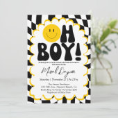 Oh Boy! Yellow Checkered Happy Face Baby Shower Einladung (Stehend Vorderseite)