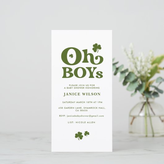 Oh Boys St. Patrick's Day Baby Shower Einladung (Stehend Vorderseite)