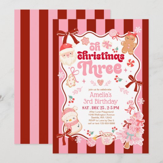 Oh Christmas Three 3rd Birthday Invitation Einladung (Vorne/Hinten)