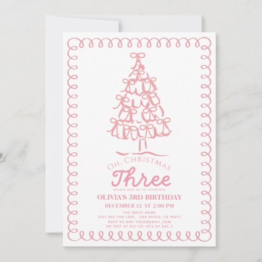 Oh Christmas Three Pink Bow Tree 3rd Birthday Einladung (Vorderseite)