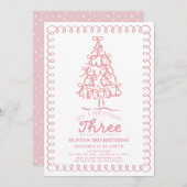 Oh Christmas Three Pink Bow Tree 3rd Birthday Einladung (Vorne/Hinten)