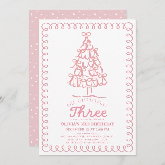 Oh Christmas Three Pink Bow Tree 3rd Birthday Einladung (Vorne/Hinten)