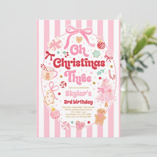 Oh Christmas Tree Coquette Bow 3rd Birthday Einladung (Stehend Vorderseite)
