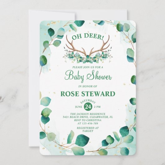 Oh Deer Antlers Greenery Eucalyptus Boho Einladung (Vorderseite)