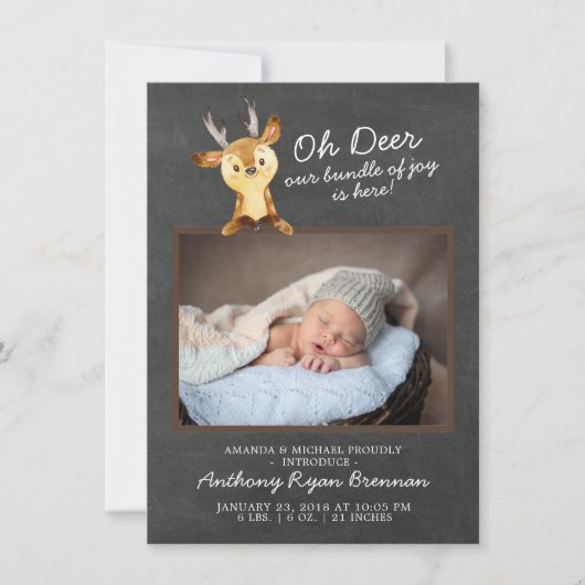 Oh Deer Baby Boys Foto Geburtsankündigung Ankündigung (Vorderseite)