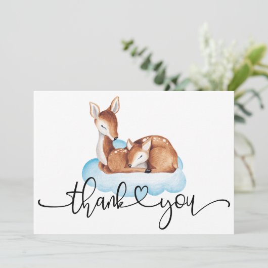 Oh Deer Baby Dusche Wasserfarbe Blue Cloud Dankeskarte (Stehend Vorderseite)
