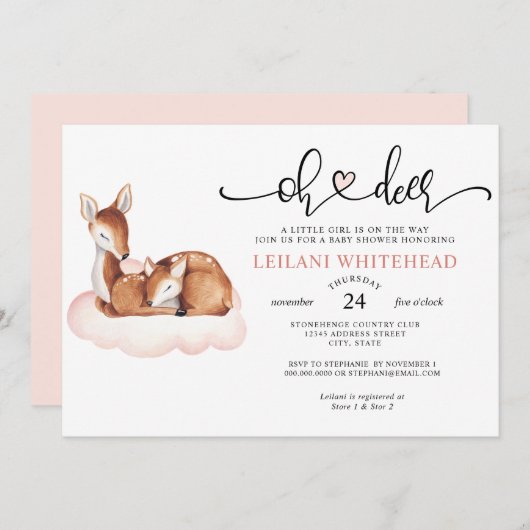 Oh Deer Baby Dusche Wasserfarbe Rosa Cloud Einladung (Vorne/Hinten)