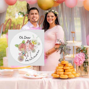 Oh Deer Baby Girl Fast hier Pastel Wildblumen Runder Aufkleber