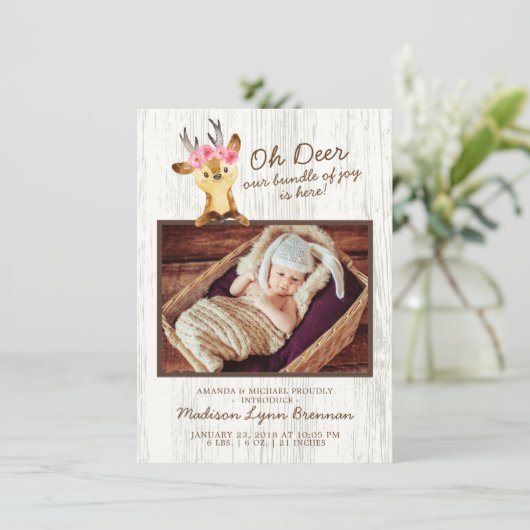 Oh Deer Baby Girls Foto Geburtsankündigung Ankündigung (Stehend Vorderseite)