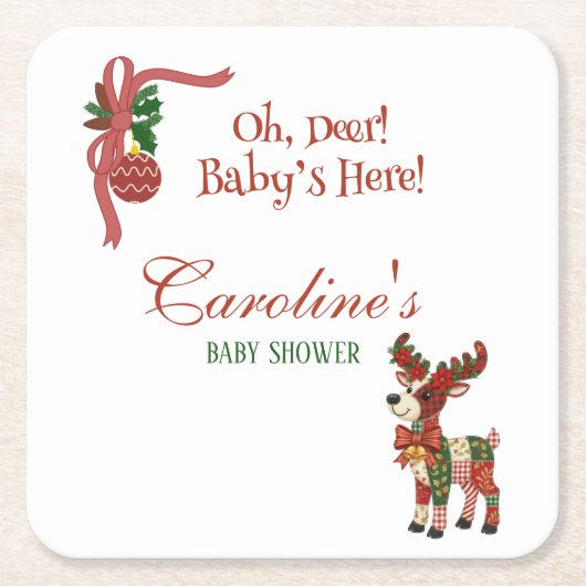 Oh, Deer! Baby’s Here! – Christmas Baby Shower Rechteckiger Pappuntersetzer (Vorderseite)