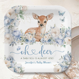 Oh Deer Baby Shower Boy Dusty Blue Paper Pappteller