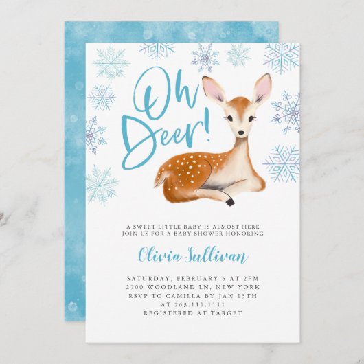 Oh Deer Blue Winter Baby Dusche Einladung (Vorne/Hinten)