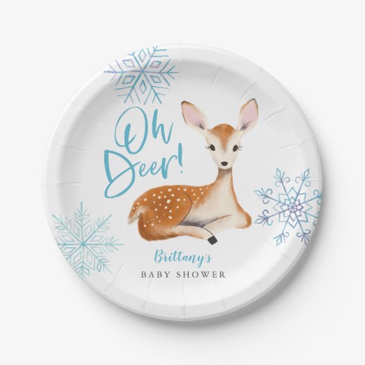 Oh Deer Blue Winter Wonderland Baby Dusche Pappteller (Vorderseite)