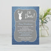 Oh Deer Buck Gray und Denim Boy Baby Dusche Einladung (Stehend Vorderseite)