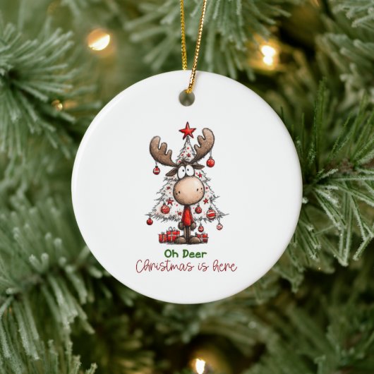 Oh Deer Christmas Is Here Cute Reindeer Christmas Keramik Ornament (Baum)
