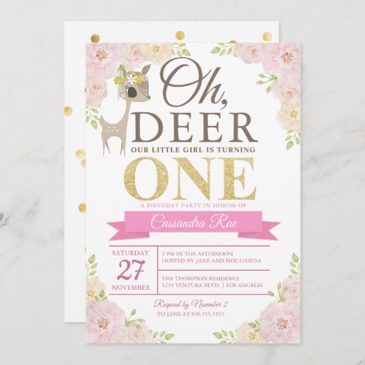 Oh, Deer! Einladung zum ersten Geburtstag (Vorne/Hinten)