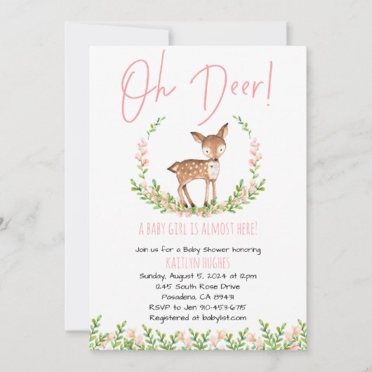 Oh Deer Floral Baby Dusche einladen Einladung (Vorderseite)