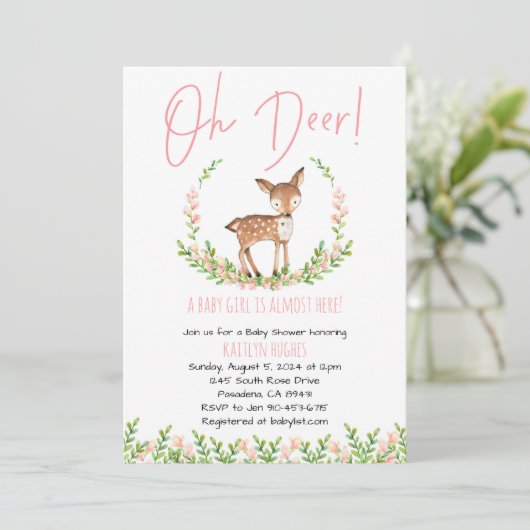 Oh Deer Floral Baby Dusche einladen Einladung (Stehend Vorderseite)