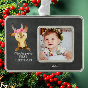 Oh Deer Girls Baby's 1. Weihnachts-Foto Ornament Rahmen-Ornament Silber