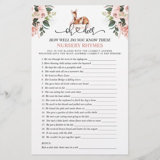 Oh Deer Kinderzimmer Rhyme Baby Showspiele (Vorderseite)