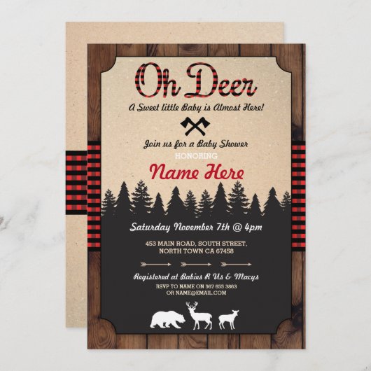 Oh Deer Lumberjack Red Baby Shower Boy Girl Invite Einladung (Vorne/Hinten)