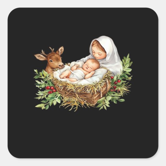 Oh Deer Mary Nativity Scene Christmas Jesus Quadratischer Aufkleber (Vorderseite)