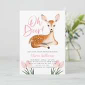 Oh Deer Pink Floral Baby Dusche Einladung (Stehend Vorderseite)